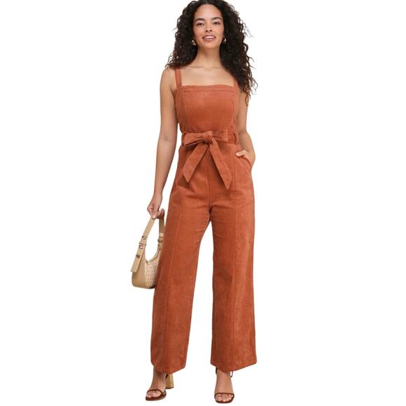 Lulus Rust Corduroy Jumpsuit Belted Wide Leg Overalls Women’s Size Small Fall - Picture 1 of 10